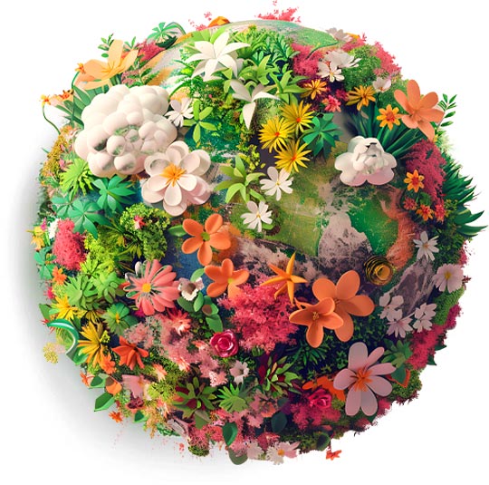 Flowers image for eco delivery showing 3D render of a globe covered in flowers.