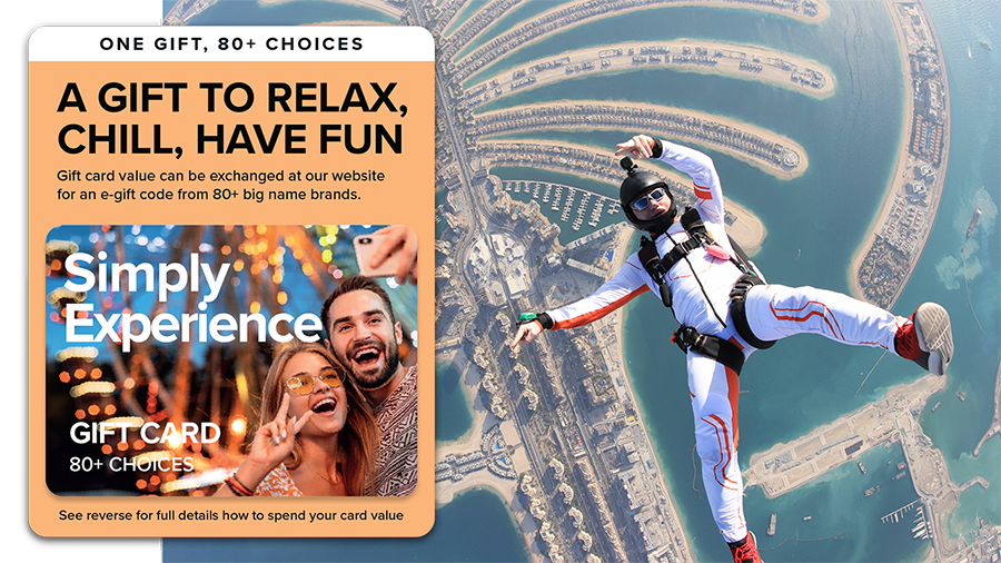 Where to spend the Simply Experience gift card banner showing card and a man sky diving