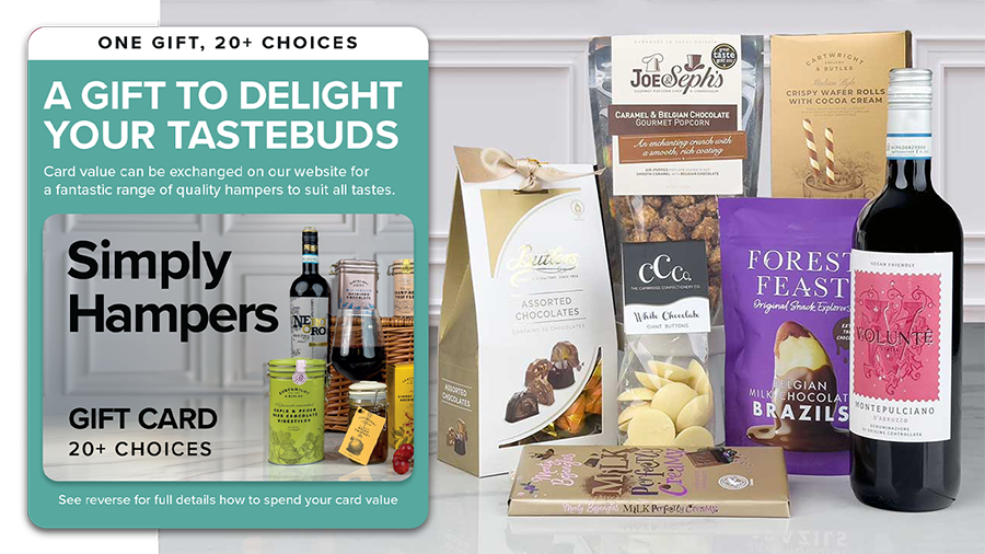 Where to spend the Simply Hampers gift card banner showing card and a hamper being presented on a table