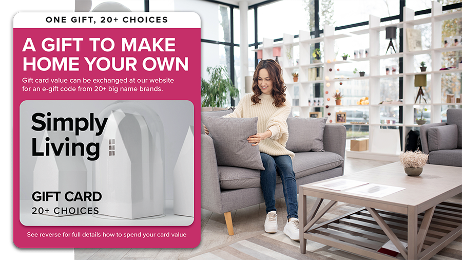 Where to spend the Simply Living gift card banner showing card and woman in living room