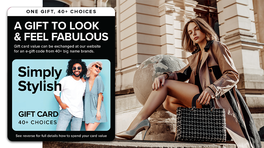 Where to spend the Simply Stylish gift card banner showing card and woman in ina stylish outfit