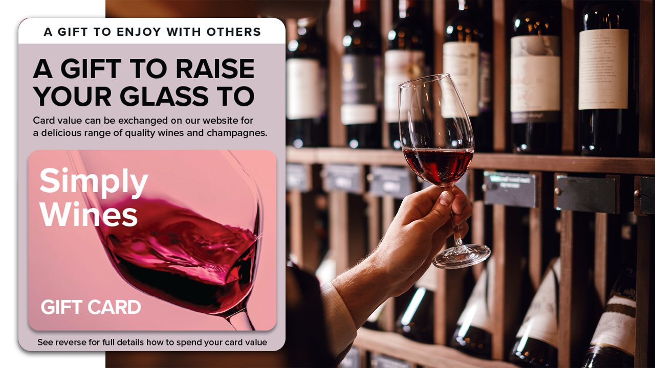 Where to spend the Simply Wines gift card banner showing card and a glass of wine