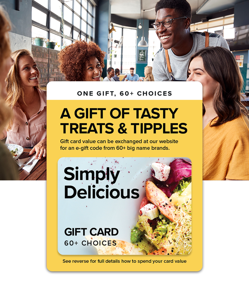 Where to spend the Simply Delicious gift card mobile banner showing card and diners