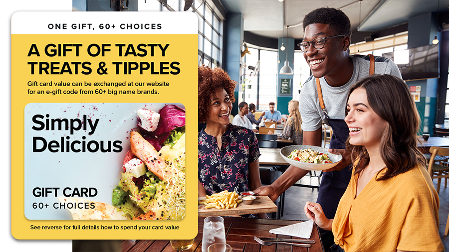 Where to spend the Simply Delicious gift card banner showing card and diners