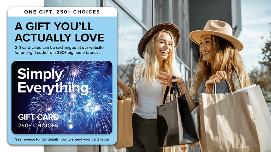 Where to spend the Simply Everything gift card banner showing card and shoppers