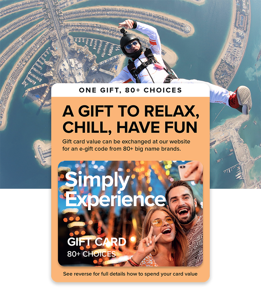 Where to spend the Simply Experience gift card mobile banner showing card and a man sky diving