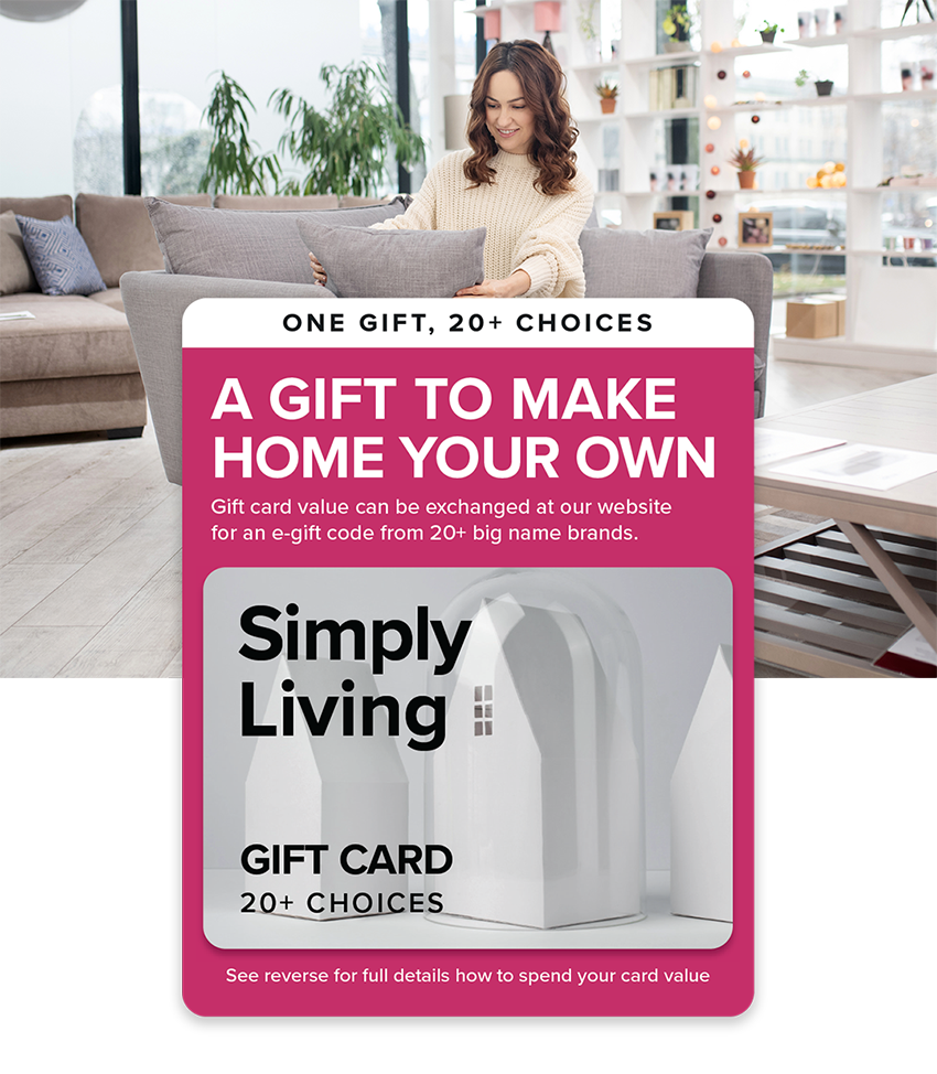 Where to spend the Simply Living gift card mobile banner showing card and woman in living room