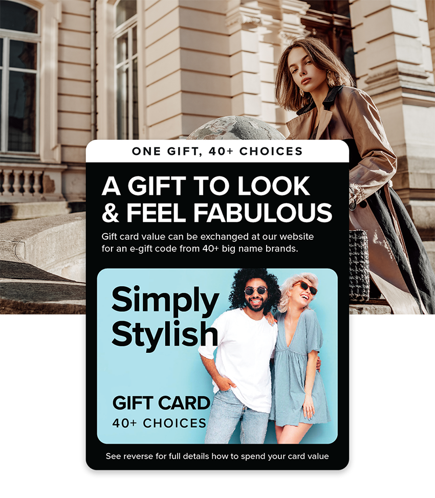 Where to spend the Simply Stylish gift card mobile banner showing card and woman in ina stylish outfit